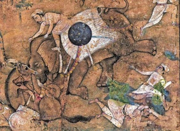 Kresba z konce 16. století znázorňuje legendárního indického panovníka, mughalského vládce Akbara Velikého, kterak dokáže řídit slona, ačkoli je zrovna v říji (ten slon). Dílo je vystaveno ve Waltersově muzeu výtvarných umění v Baltimoru.