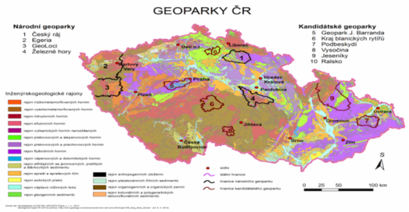 Mapa českých geoparků z roku 2013 – za poslední dva roky se ze dvou kandidátských geoparků staly skutečné národní geoparky.