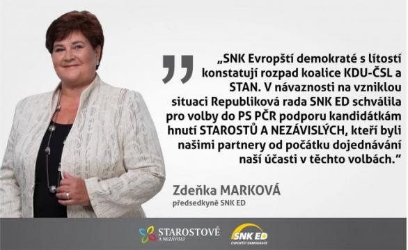 Oficiání prohlášení předsedkyně SNK-ED o podpoře hnutí STAN. Vidíte tam někde TOP 09? My taky ne...