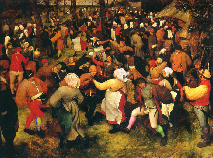 Pieter Bruegel starší: Svatební tanec v přírodě (1566). Pokud ten obraz znáte blíže, asi zjistíte, že jsme si s kamašemi veselících se lidí trochu účelově pohráli :)