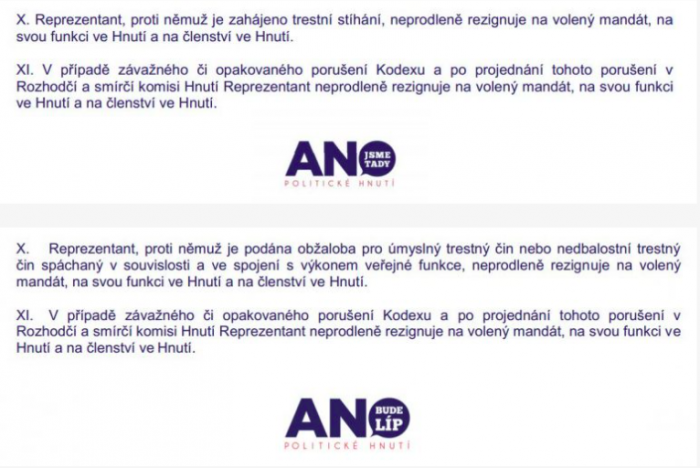 Nahoře etický kodex hnutí ANO v roce 2014, dole o tři roky později.