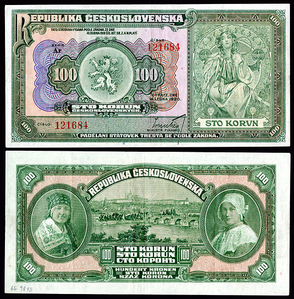 Stokoruně z druhé emise dal tvář Alfons Mucha. Ten je rovněž také autorem desetikoruny, dvacetikoruny a pětisetkoruny. Na platidla zakomponoval mimo jiné portrét své dcery a manželky.