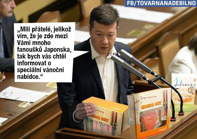 Pan Okamura při každém jednání Poslanecké sněmovny nabízí svůj sushi kit