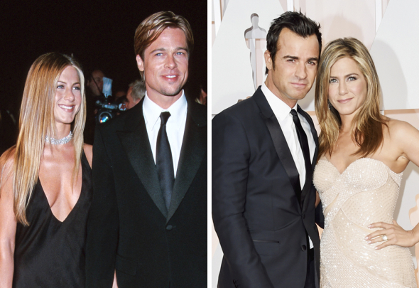 11. Jennifer Aniston v roce 2000 (s Bradem Pittem) a 2015 (s Justinem Therouxem)