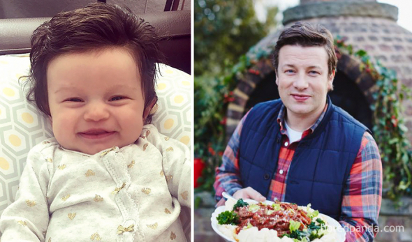 8# Tentokrát britský kuchař Jamie Oliver a podobně vlasatý novorozenec