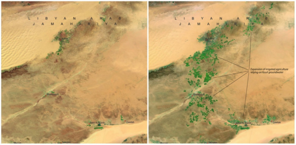 Velká umělá řeka Sahara v Libyi. Vlevo foto z roku 1987 a vpravo z roku 2010. Toto byl největší projekt strojírenství na světě: síť potrubí a studní sahajících do hloubky 500 m slouží jako obrovská zásobárna vody pro tento vyprahlý region.