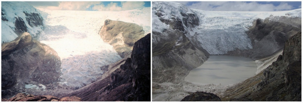 Ledovec Qori Kalis v Peru. Vlevo foto z roku 1978 a vpravo z roku 2011.