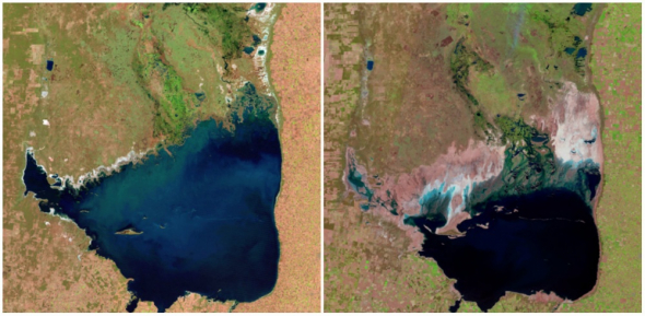 Jezero Mar Chiquita v Argentině. Vlevo foto z roku 1998 a vpravo z roku 2011.