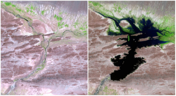 Řeka Dašt v Pákistánu. Vlevo foto z roku 1999 a vpravo z roku 2011. Byla zde postavena přehrada Mirani, která nyní slouží jako zdroj pitné vody a zavlažování pro zemědělství.